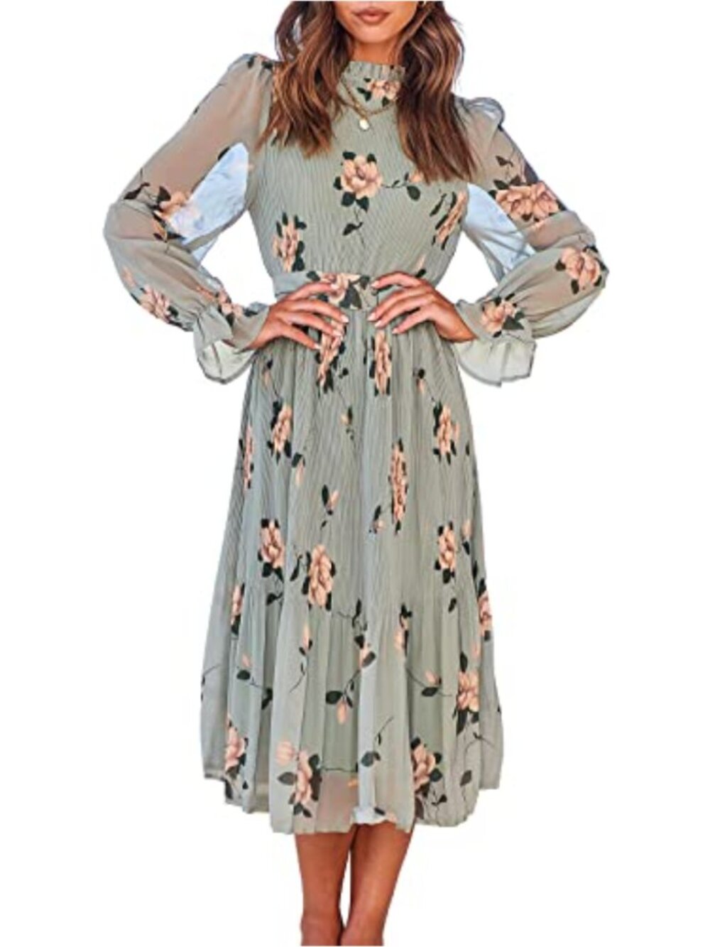 Flowy Floral Chiffon Midi Dress Ruffled Long Sleeve with Belt